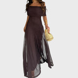 Нели | Дълга шифонена рокля с открити рамене