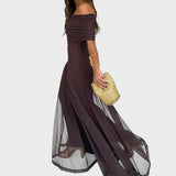 Нели | Дълга шифонена рокля с открити рамене